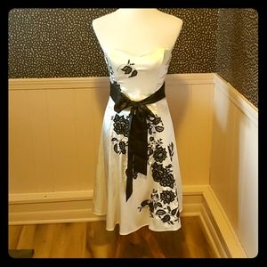 White  and Black Floral Satin Dress